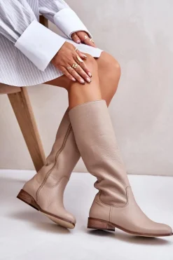 Sale Skórzane Kozaki Damskie Do Połowy Łydki Na Zamek Lewski 3616 Beżowe Damskie Kozaki Płaskie|Kozaki Przed Kolano