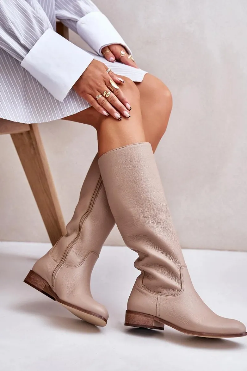 Sale Skórzane Kozaki Damskie Do Połowy Łydki Na Zamek Lewski 3616 Beżowe Damskie Kozaki Płaskie|Kozaki Przed Kolano