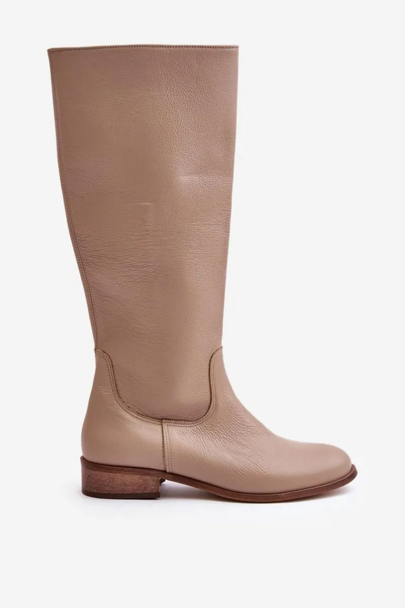 Sale Skórzane Kozaki Damskie Do Połowy Łydki Na Zamek Lewski 3616 Beżowe Damskie Kozaki Płaskie|Kozaki Przed Kolano