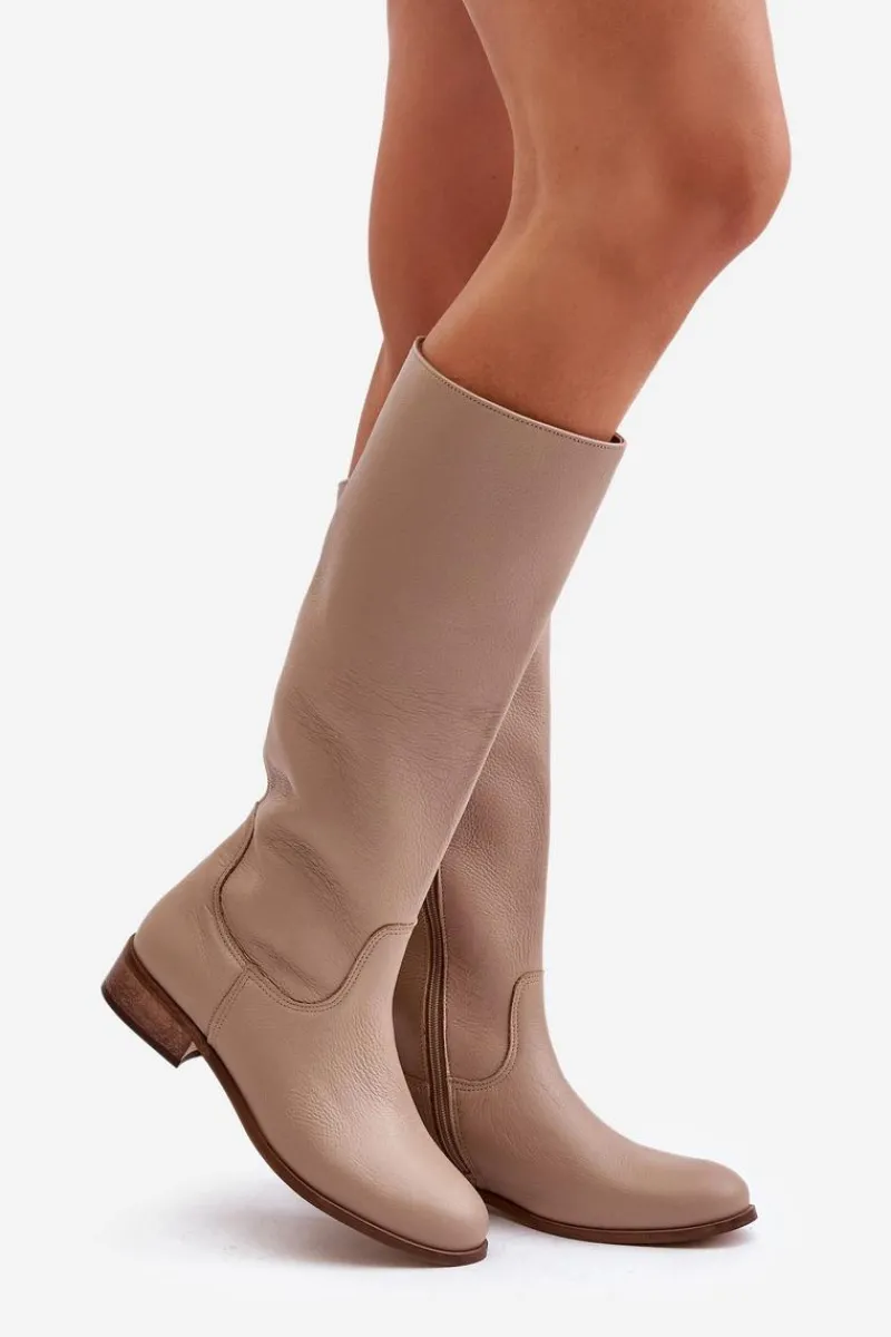 Sale Skórzane Kozaki Damskie Do Połowy Łydki Na Zamek Lewski 3616 Beżowe Damskie Kozaki Płaskie|Kozaki Przed Kolano