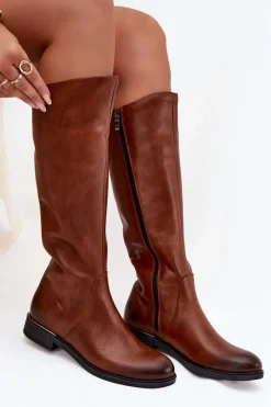 Discount Skórzane Kozaki Damskie Na Płaskim Obcasie Ocieplane 70150 Brązowe Damskie Kozaki Ocieplane|Kozaki Płaskie