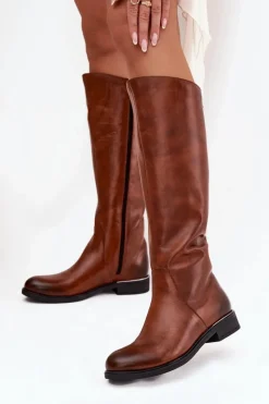 Discount Skórzane Kozaki Damskie Na Płaskim Obcasie Ocieplane 70150 Brązowe Damskie Kozaki Ocieplane|Kozaki Płaskie