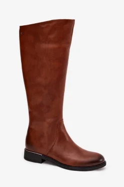 Discount Skórzane Kozaki Damskie Na Płaskim Obcasie Ocieplane 70150 Brązowe Damskie Kozaki Ocieplane|Kozaki Płaskie