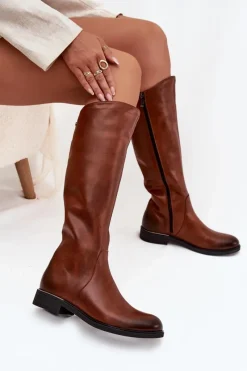 Discount Skórzane Kozaki Damskie Na Płaskim Obcasie Ocieplane 70150 Brązowe Damskie Kozaki Ocieplane|Kozaki Płaskie