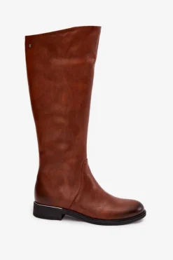 Discount Skórzane Kozaki Damskie Na Płaskim Obcasie Ocieplane 70150 Brązowe Damskie Kozaki Ocieplane|Kozaki Płaskie