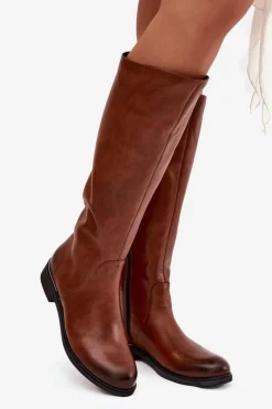 Discount Skórzane Kozaki Damskie Na Płaskim Obcasie Ocieplane 70150 Brązowe Damskie Kozaki Ocieplane|Kozaki Płaskie