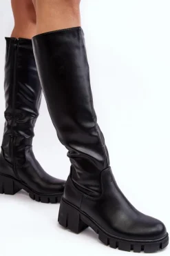 Kozaki Na Obcasie|Kozaki Zamszowe>Buty damskie Vinceza Skórzane Kozaki Damskie Na Niskim Masywnym Obcasie Czarne Nienna