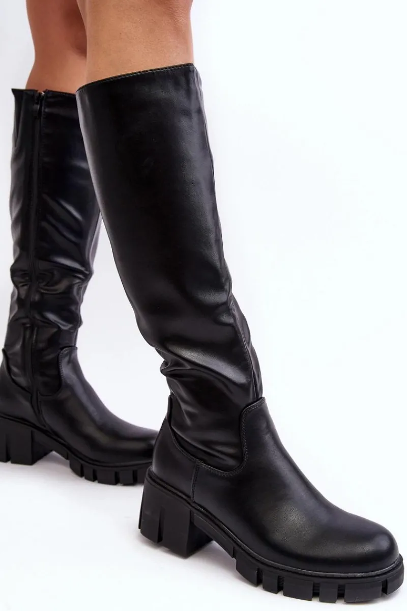 Kozaki Na Obcasie|Kozaki Zamszowe>Buty damskie Vinceza Skórzane Kozaki Damskie Na Niskim Masywnym Obcasie Czarne Nienna