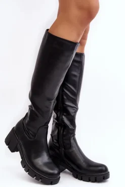 Kozaki Na Obcasie|Kozaki Zamszowe>Buty damskie Vinceza Skórzane Kozaki Damskie Na Niskim Masywnym Obcasie Czarne Nienna