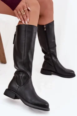 Kozaki Ocieplane|Muszkieterki>Damskie buty S.Barski Skórzane Kozaki Damskie Na Płaskim Obcasie Ocieplane D&A JC52-837 Czarne