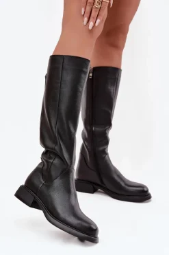 Kozaki Ocieplane|Muszkieterki>Damskie buty S.Barski Skórzane Kozaki Damskie Na Płaskim Obcasie Ocieplane D&A JC52-837 Czarne