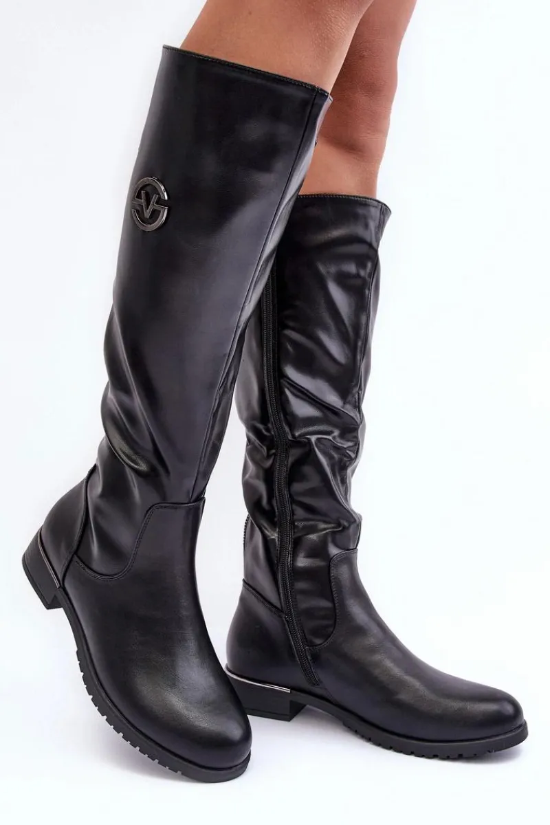 Clearance Skórzane Kozaki Damskie Na Płaskim Obcasie Czarne Albuna Damskie Kozaki Płaskie|Kozaki Przed Kolano