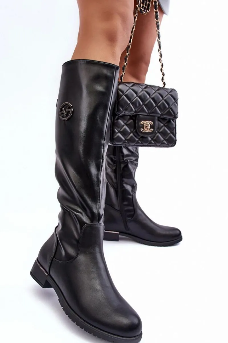 Clearance Skórzane Kozaki Damskie Na Płaskim Obcasie Czarne Albuna Damskie Kozaki Płaskie|Kozaki Przed Kolano