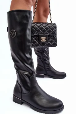 Clearance Skórzane Kozaki Damskie Na Płaskim Obcasie Czarne Albuna Damskie Kozaki Płaskie|Kozaki Przed Kolano