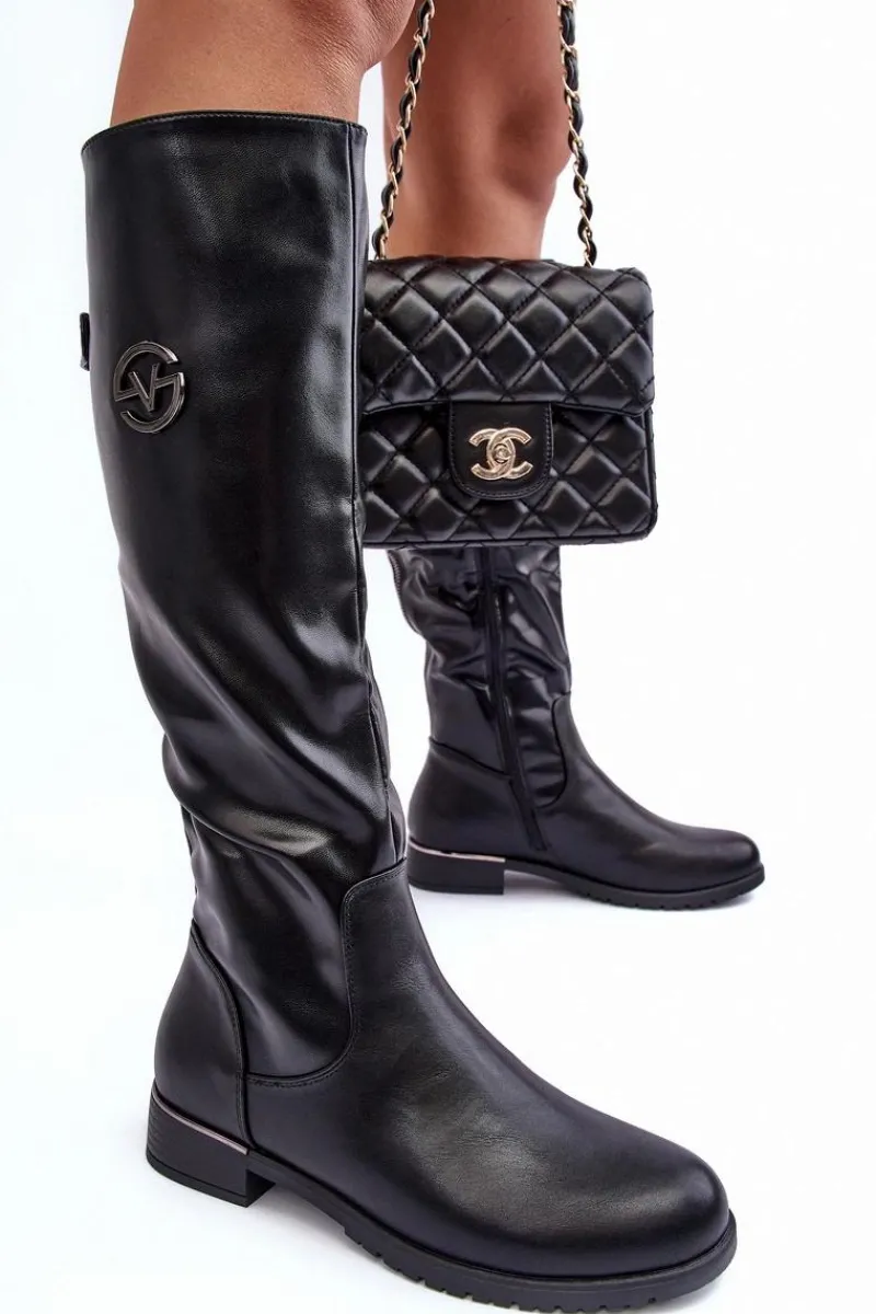 Clearance Skórzane Kozaki Damskie Na Płaskim Obcasie Czarne Albuna Damskie Kozaki Płaskie|Kozaki Przed Kolano