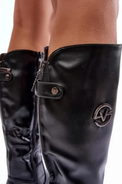 Clearance Skórzane Kozaki Damskie Na Płaskim Obcasie Czarne Albuna Damskie Kozaki Płaskie|Kozaki Przed Kolano