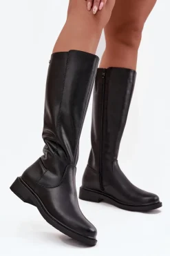 Sale Skórzane Kozaki Damskie Ocieplane Na Płaskim Obcasie Sergio Leone KZ25600-S Czarne Damskie Kozaki Ocieplane|Muszkieterki