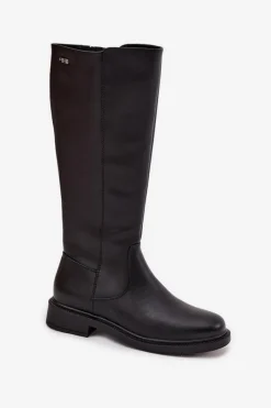 Sale Skórzane Kozaki Damskie Ocieplane Na Płaskim Obcasie Sergio Leone KZ25600-S Czarne Damskie Kozaki Ocieplane|Muszkieterki