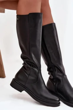 Sale Skórzane Kozaki Damskie Ocieplane Na Płaskim Obcasie Sergio Leone KZ25600-S Czarne Damskie Kozaki Ocieplane|Muszkieterki