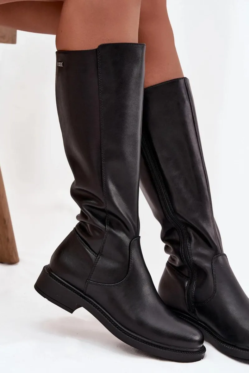 Sale Skórzane Kozaki Damskie Ocieplane Na Płaskim Obcasie Sergio Leone KZ25600-S Czarne Damskie Kozaki Ocieplane|Muszkieterki