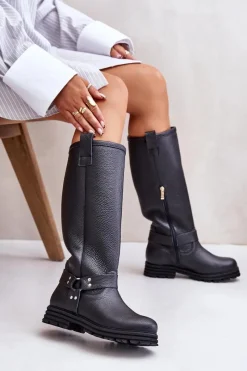 Hot Skórzane Kozaki Damskie Przed Kolano Lewski 3615 Czarne Damskie Kozaki Płaskie|Brązowe Kozaki Damskie