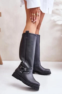 Hot Skórzane Kozaki Damskie Przed Kolano Lewski 3615 Czarne Damskie Kozaki Płaskie|Brązowe Kozaki Damskie