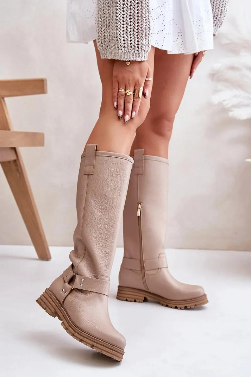 Kozaki Płaskie|Brązowe Kozaki Damskie>Zazoo Skórzane Kozaki Damskie Przed Kolano Lewski 3615 Beżowe Beżowy