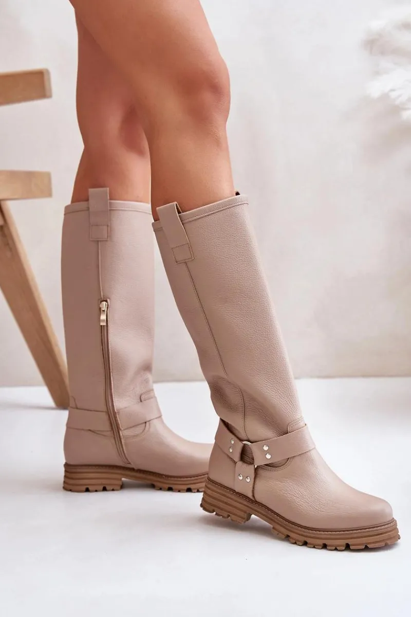 Kozaki Płaskie|Brązowe Kozaki Damskie>Zazoo Skórzane Kozaki Damskie Przed Kolano Lewski 3615 Beżowe Beżowy