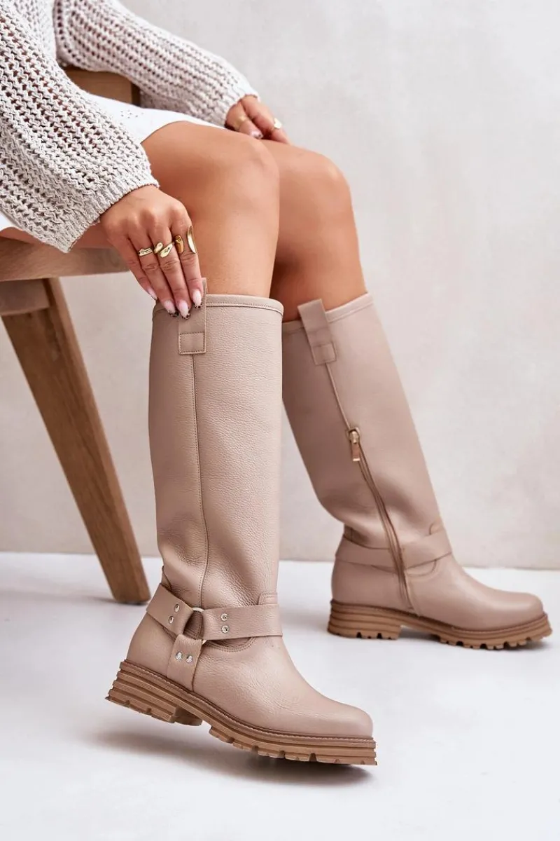 Kozaki Płaskie|Brązowe Kozaki Damskie>Zazoo Skórzane Kozaki Damskie Przed Kolano Lewski 3615 Beżowe Beżowy