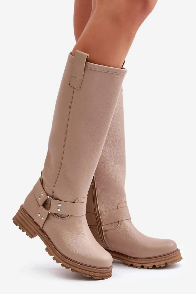 Kozaki Płaskie|Brązowe Kozaki Damskie>Zazoo Skórzane Kozaki Damskie Przed Kolano Lewski 3615 Beżowe Beżowy