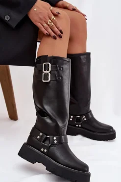 Outlet Big Star Shoes Skórzane Kozaki Damskie Z Klamrami Ocieplane Big Star OO274A180 Czarne Czarny