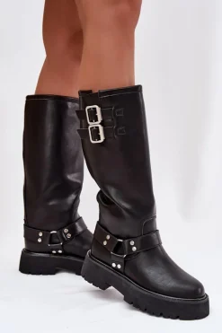 Outlet Big Star Shoes Skórzane Kozaki Damskie Z Klamrami Ocieplane Big Star OO274A180 Czarne Czarny