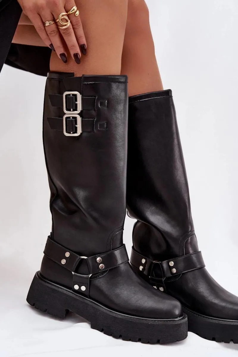 Outlet Big Star Shoes Skórzane Kozaki Damskie Z Klamrami Ocieplane Big Star OO274A180 Czarne Czarny