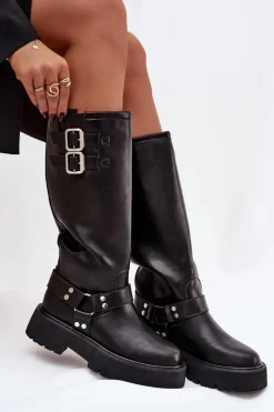 Outlet Big Star Shoes Skórzane Kozaki Damskie Z Klamrami Ocieplane Big Star OO274A180 Czarne Czarny