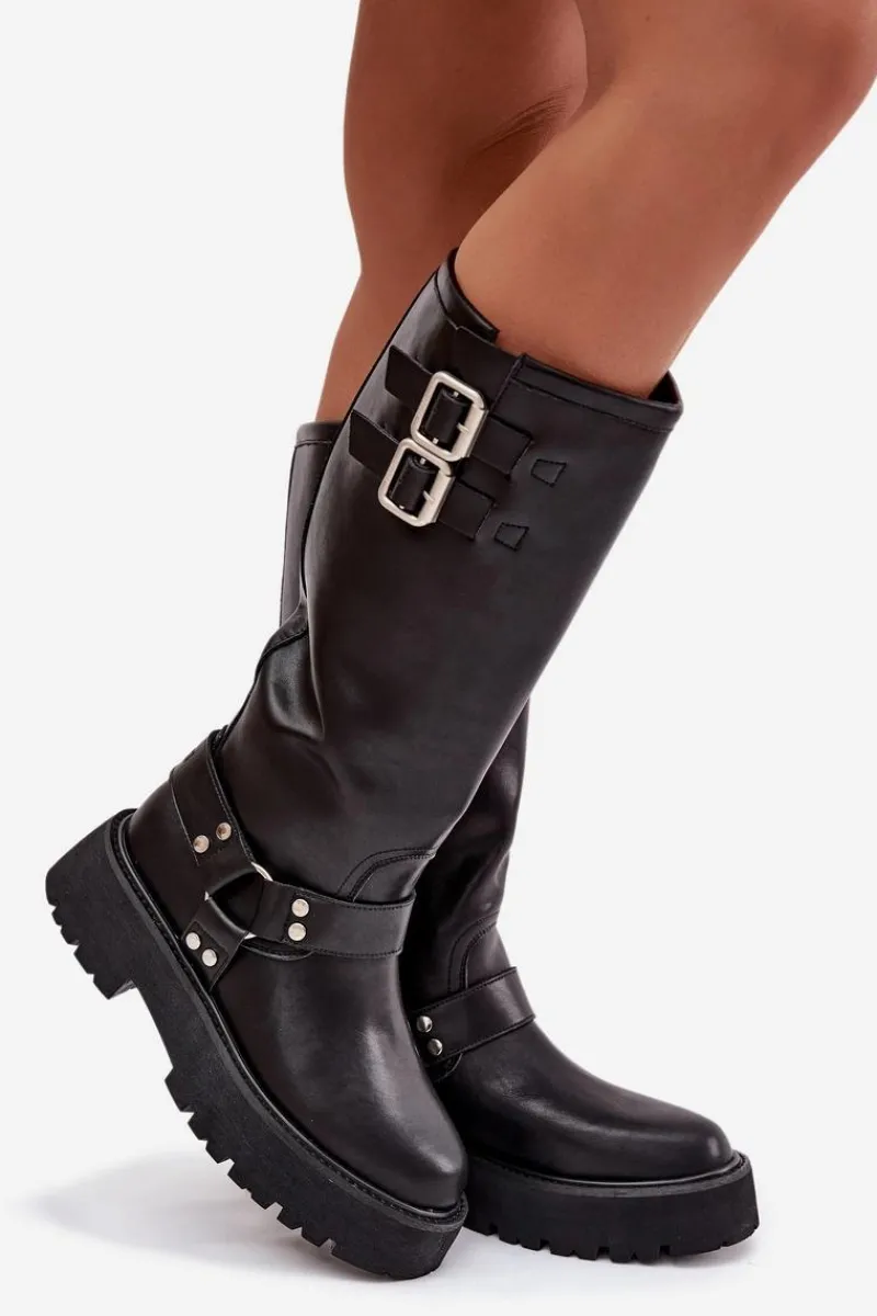 Outlet Big Star Shoes Skórzane Kozaki Damskie Z Klamrami Ocieplane Big Star OO274A180 Czarne Czarny