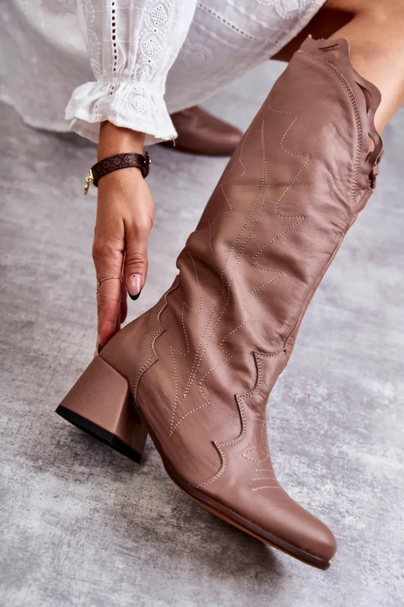 Sale Skórzane Kozaki Do Kolana Ciemnobeżowe Andreia Damskie Kozaki Wiosenne|Kozaki Przed Kolano