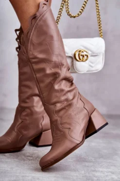 Sale Skórzane Kozaki Do Kolana Ciemnobeżowe Andreia Damskie Kozaki Wiosenne|Kozaki Przed Kolano