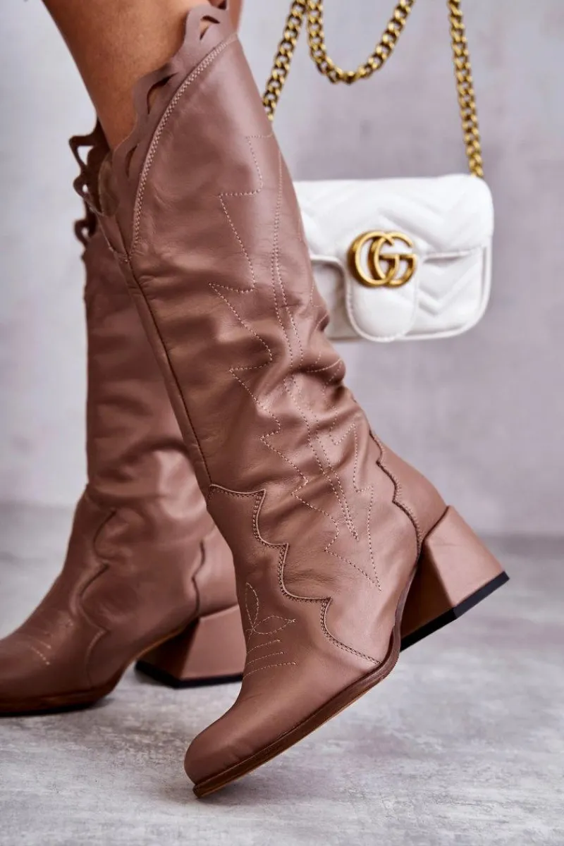 Sale Skórzane Kozaki Do Kolana Ciemnobeżowe Andreia Damskie Kozaki Wiosenne|Kozaki Przed Kolano