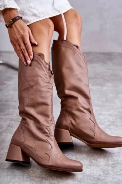 Sale Skórzane Kozaki Do Kolana Ciemnobeżowe Andreia Damskie Kozaki Wiosenne|Kozaki Przed Kolano