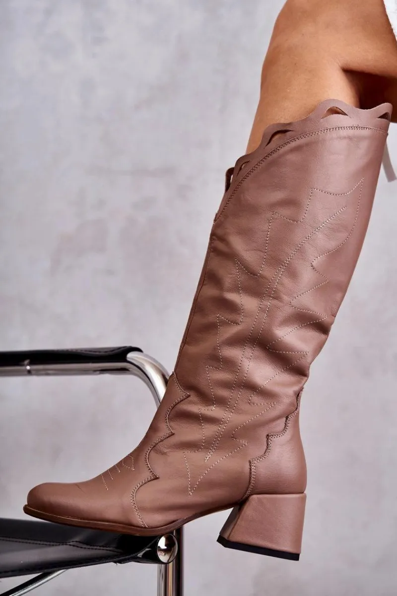 Sale Skórzane Kozaki Do Kolana Ciemnobeżowe Andreia Damskie Kozaki Wiosenne|Kozaki Przed Kolano