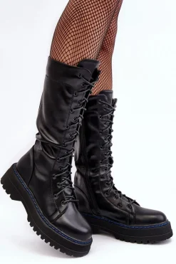 Kozaki Płaskie|Kozaki Przed Kolano>Boto Skórzane Kozaki Glany Sznurowane Z Suwakiem Czarne Zoraida