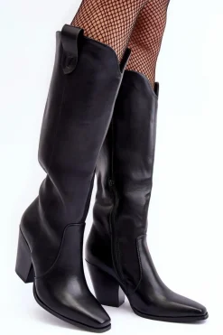 Online Skórzane Kozaki Kowbojki Na Słupku Czarne Solera Damskie Kozaki Przed Kolano|Kozaki Na Obcasie