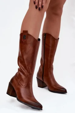 Zazoo Skórzane Kozaki Kowbojki Na Obcasie Ocieplane 70155 Brązowe Brązowy