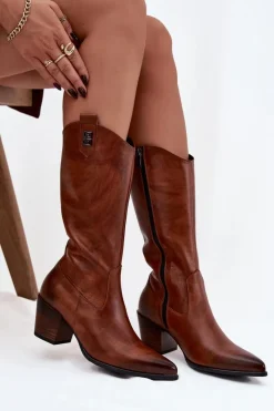 Zazoo Skórzane Kozaki Kowbojki Na Obcasie Ocieplane 70155 Brązowe Brązowy