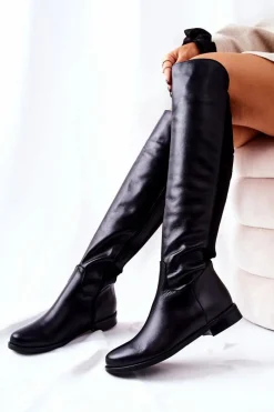 Kozaki Płaskie|Kozaki Zamszowe>Laura Messi Skórzane Kozaki Czarne 2293