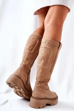 New Maciejka Skórzane Kozaki Beżowe 05277-04