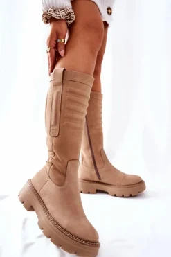 New Maciejka Skórzane Kozaki Beżowe 05277-04