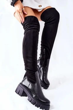 Online Skórzane Kozaki Krokodyl Czarne 05260-01 Damskie Kozaki Wiosenne|Kozaki Na Obcasie