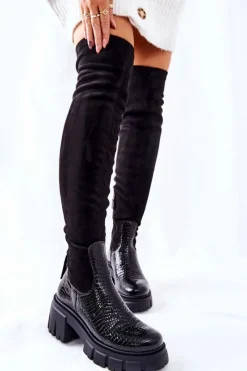 Online Skórzane Kozaki Krokodyl Czarne 05260-01 Damskie Kozaki Wiosenne|Kozaki Na Obcasie