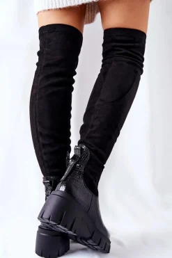 Online Skórzane Kozaki Krokodyl Czarne 05260-01 Damskie Kozaki Wiosenne|Kozaki Na Obcasie